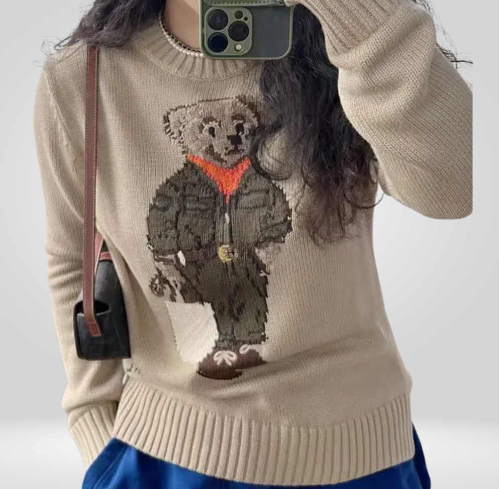 Damen Strickpullover mit Bärenstickerei – Verspieltes Design