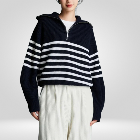 Damen Zip-Strickpullover mit Streifendetails – Eleganter Komfort