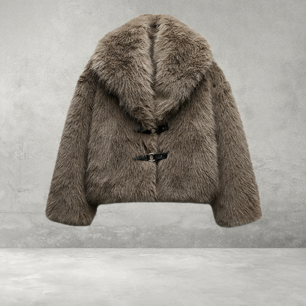 Damen Faux Fur Wintermantel in Braun – Eleganter Kunstfellmantel mit PU-Gürtel