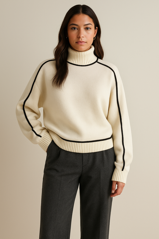 Damen Rollkragenpullover mit Kontrastbiesen