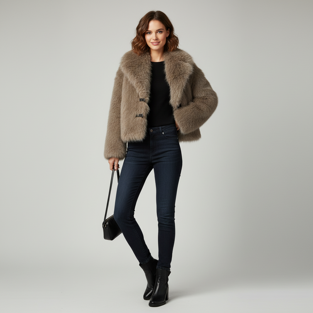 Damen Faux Fur Wintermantel in Braun – Eleganter Kunstfellmantel mit PU-Gürtel