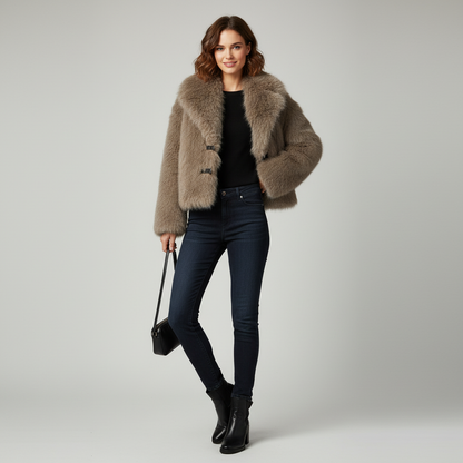 Damen Faux Fur Wintermantel in Braun – Eleganter Kunstfellmantel mit PU-Gürtel