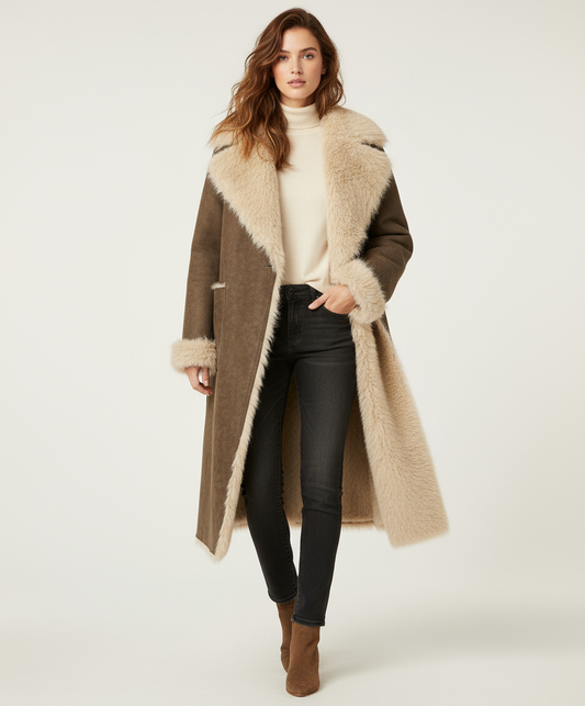 Vintage Damen Kunstleder-Wintermantel mit Fell