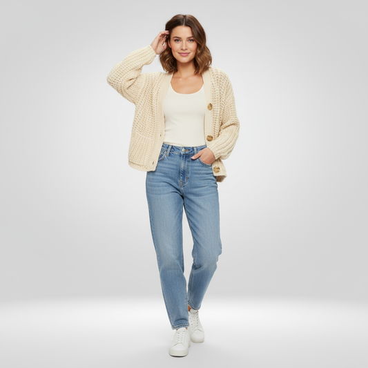 Damen Strickjacke in Beige mit Mandarin-Kragen