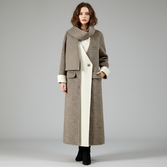 Halblanger Damen Wollmantel im Patchwork-Design – Modern