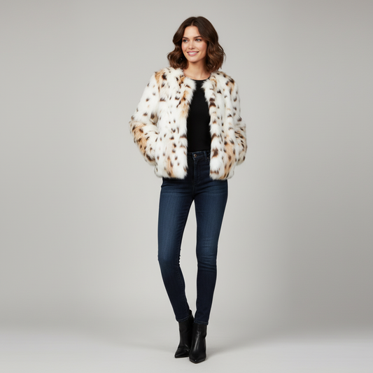 Damen Leopard Velvet Fur Coat – Luxuriöser Kunstfellmantel